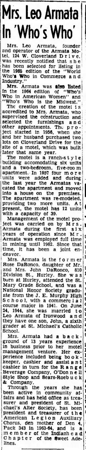 Quinn Motel (Armata Motel) - June 29 1965 Mrs Armata In Whos Who